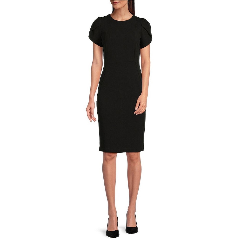 Calvin Klein Crew Neck Tulip Sleeve Solid Sheath Stretch Dress